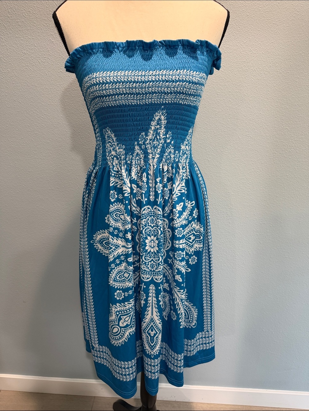 VENUS Teal Blue Strapless Smocked Dress with White Paisley Print